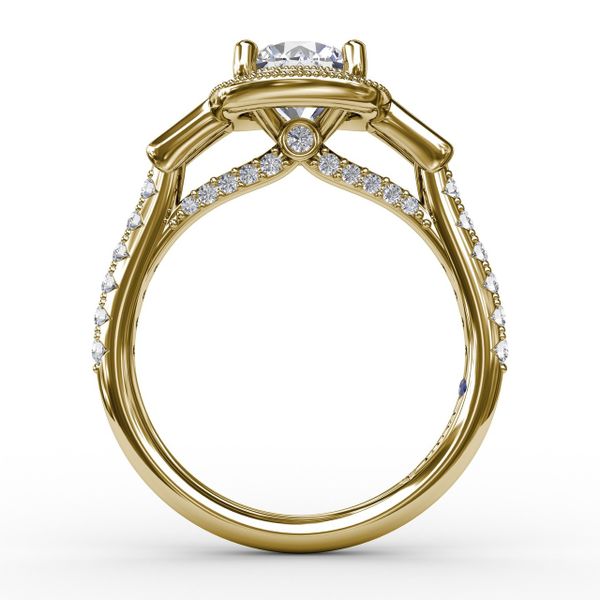 Three-Stone Diamond Halo Engagement Ring With Baguette Side Stones Image 2 Almassian Jewelers, LLC Grand Rapids, MI