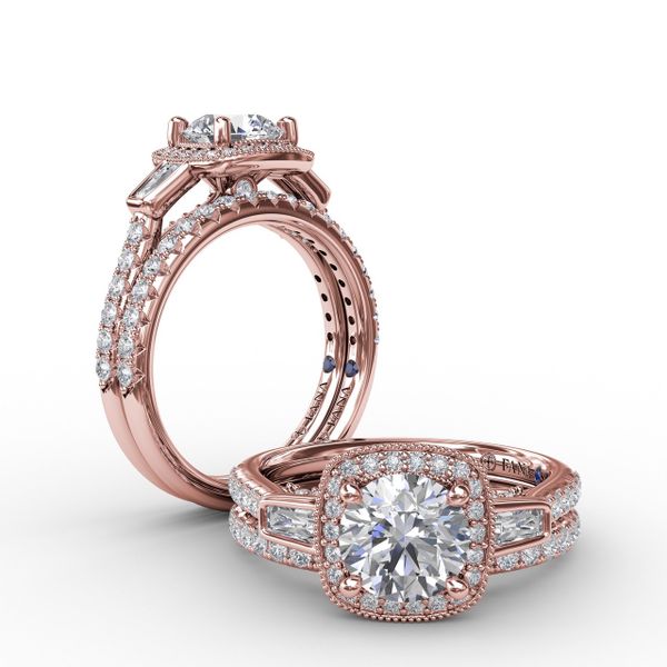 Three-Stone Diamond Halo Engagement Ring With Baguette Side Stones Image 4 John Herold Jewelers Randolph, NJ