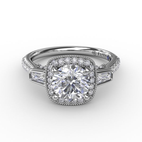 Three-Stone Diamond Halo Engagement Ring With Baguette Side Stones Image 3 Shannon Jewelers Spring, TX