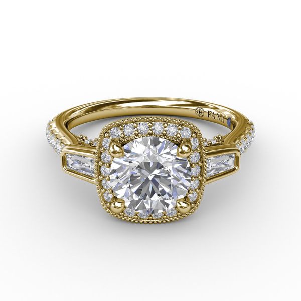Three-Stone Diamond Halo Engagement Ring With Baguette Side Stones Image 3 John Herold Jewelers Randolph, NJ