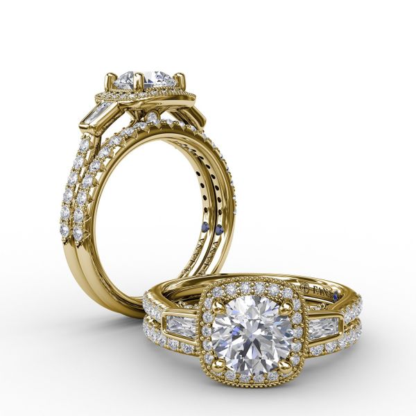 Three-Stone Diamond Halo Engagement Ring With Baguette Side Stones Image 4 LeeBrant Jewelry & Watch Co Sandy Springs, GA