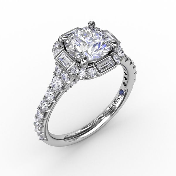 Cushion Shaped Diamond Halo Engagement Ring With Baguettes Parris Jewelers Hattiesburg, MS