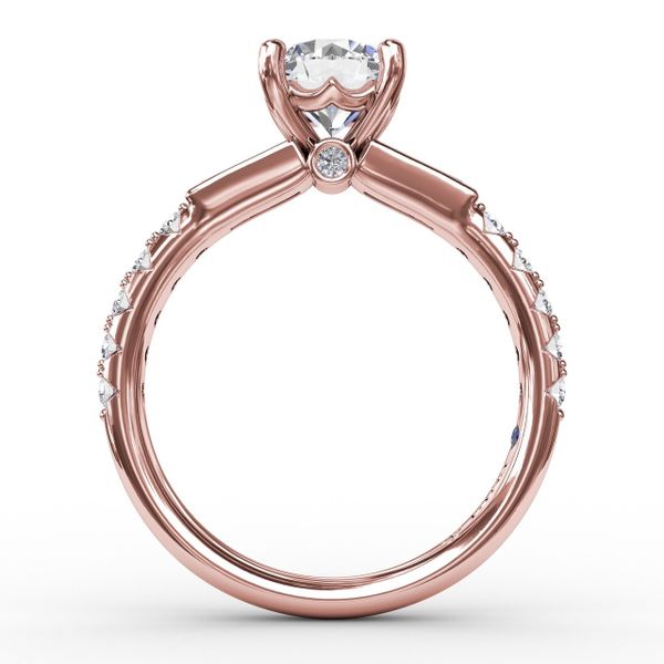 Three-Stone Round Diamond Engagement Ring With Bezel-Set Baguettes and Diamond Band Image 2 S. Lennon & Co Jewelers New Hartford, NY
