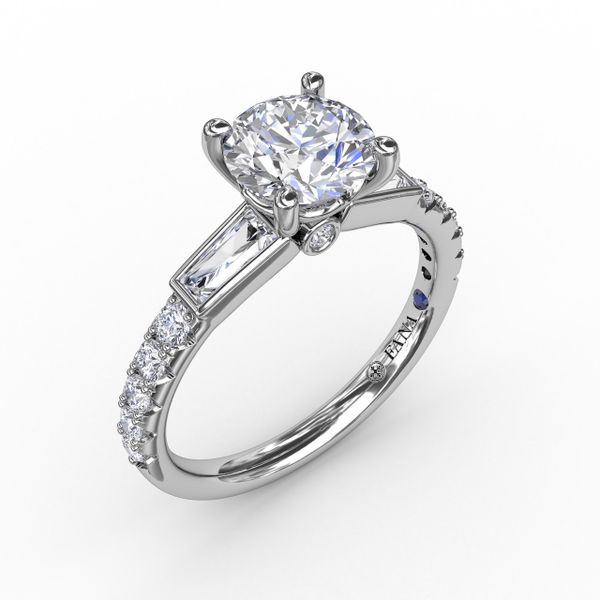 Three-Stone Round Diamond Engagement Ring With Bezel-Set Baguettes and Diamond Band Perry's Emporium Wilmington, NC