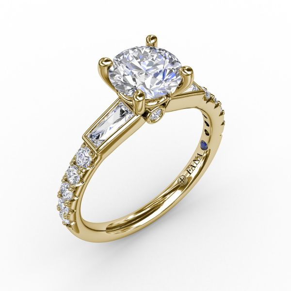 Three-Stone Round Diamond Engagement Ring With Bezel-Set Baguettes and Diamond Band J. Thomas Jewelers Rochester Hills, MI