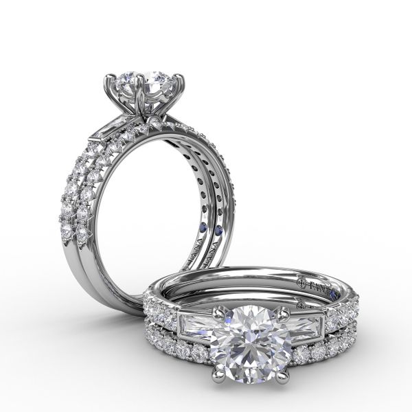 Three-Stone Round Diamond Engagement Ring With Bezel-Set Baguettes and Diamond Band Image 4 S. Lennon & Co Jewelers New Hartford, NY