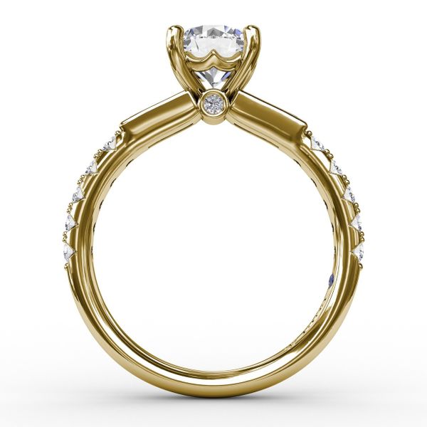 Three-Stone Round Diamond Engagement Ring With Bezel-Set Baguettes and Diamond Band Image 2 The Diamond Center Claremont, CA