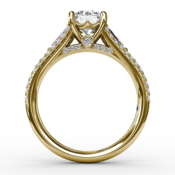 Three-Stone Round Diamond Engagement Ring With Split Diamond Shank and Baguette Side Stones Image 2 Sanders Diamond Jewelers Pasadena, MD
