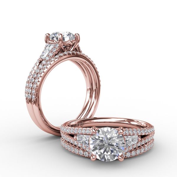 Three-Stone Round Diamond Engagement Ring With Split Diamond Shank and Baguette Side Stones Image 4 Sanders Diamond Jewelers Pasadena, MD