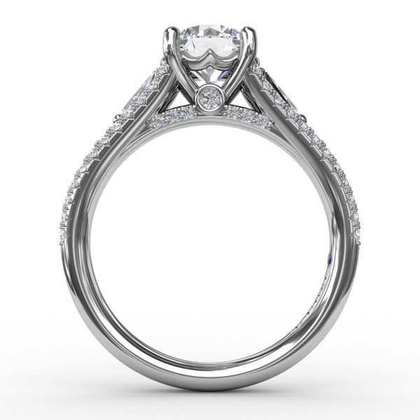 Three-Stone Round Diamond Engagement Ring With Split Diamond Shank and Baguette Side Stones Image 2 Almassian Jewelers, LLC Grand Rapids, MI
