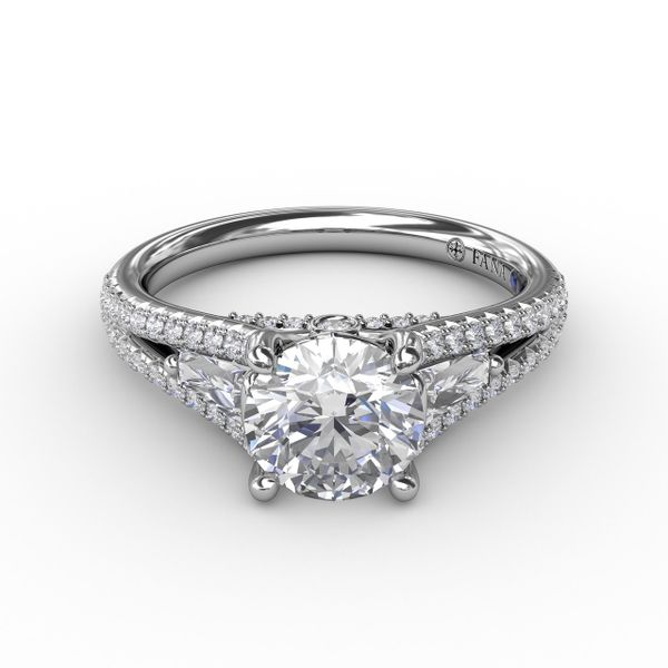 Three-Stone Round Diamond Engagement Ring With Split Diamond Shank and Baguette Side Stones Image 3 Shannon Jewelers Spring, TX