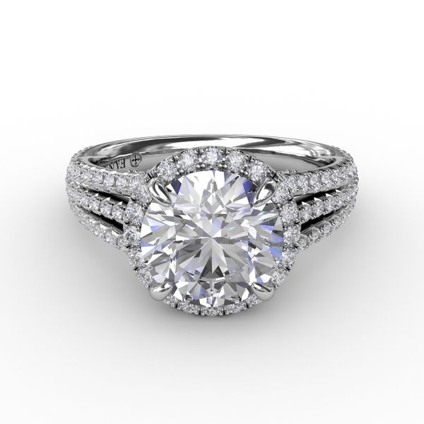 Round Diamond Halo Engagement Ring With Triple-Row Diamond Band Image 3 John Herold Jewelers Randolph, NJ