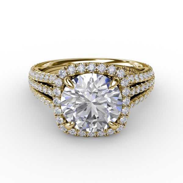 Round Diamond Engagement Ring With Cushion-Shaped Halo and Triple-Row Diamond Band Image 3 John Herold Jewelers Randolph, NJ