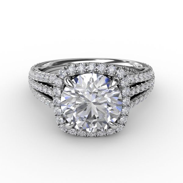 Round Diamond Engagement Ring With Cushion-Shaped Halo and Triple-Row Diamond Band Image 3 Shannon Jewelers Spring, TX