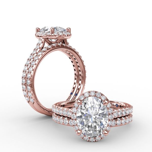 Oval Diamond Halo Engagement Ring With Diamond Band Image 4 John Herold Jewelers Randolph, NJ