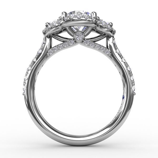 Three-Stone Round Diamond Halo Engagement Ring Image 2 John Herold Jewelers Randolph, NJ