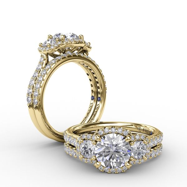 Three-Stone Round Diamond Halo Engagement Ring Image 4 S. Lennon & Co Jewelers New Hartford, NY