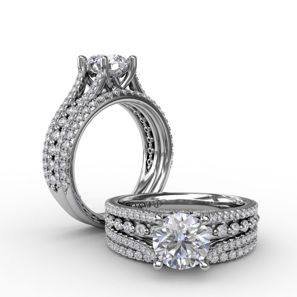 Plat 4 Row Diamond Engagement Ring with Round Center