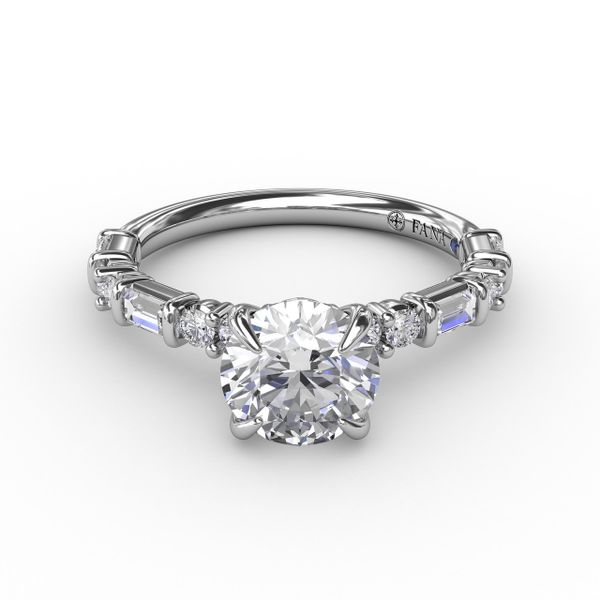 Contemporary Diamond Solitaire Engagement Ring With Baguettes and Round Diamond Accents Image 3 Parris Jewelers Hattiesburg, MS