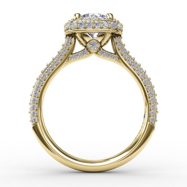 Cushion-Shaped Waterfall Halo Engagement Ring With Pavé Band Image 2 John Herold Jewelers Randolph, NJ