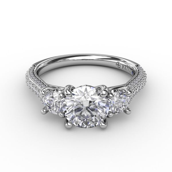 Classic Three-Stone Round Diamond Engagement Ring With Pavé Band Image 3 S. Lennon & Co Jewelers New Hartford, NY
