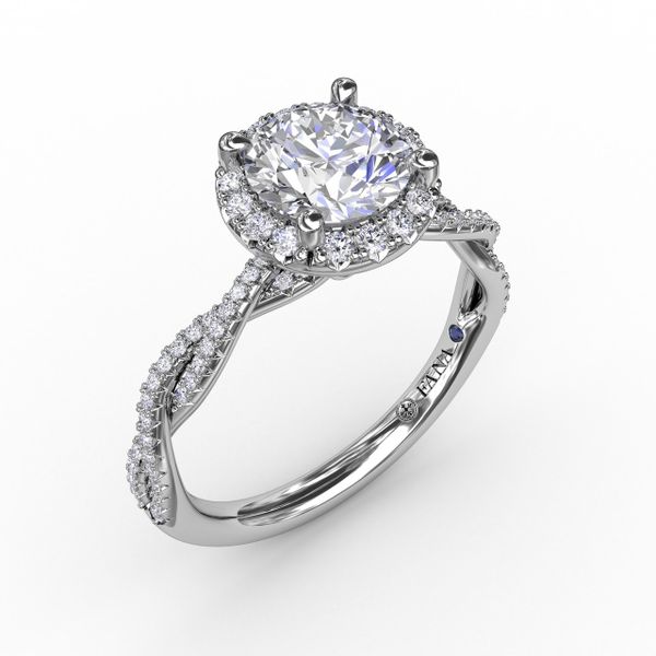 Classic Round Diamond Halo Engagement Ring With Twist Diamond Band Parris Jewelers Hattiesburg, MS
