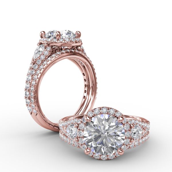 Three-Stone Round Diamond Halo Engagement Ring Image 4 J. Thomas Jewelers Rochester Hills, MI