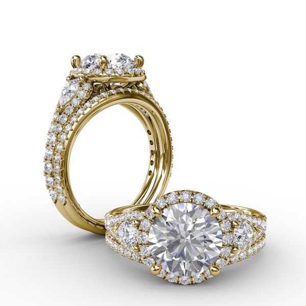 Three-Stone Round Diamond Halo Engagement Ring Image 4 Jacqueline's Fine Jewelry Morgantown, WV