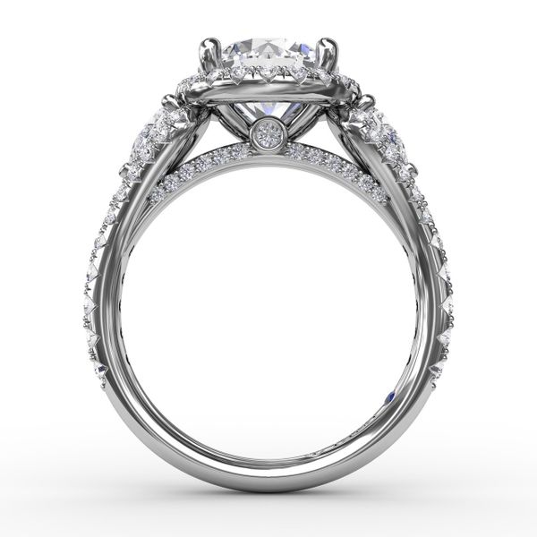 Three-Stone Round Diamond Halo Engagement Ring Image 2 LeeBrant Jewelry & Watch Co Sandy Springs, GA