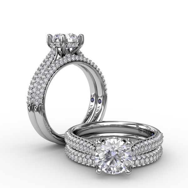 Classic Round Diamond Solitaire Engagement Ring With Double-Row Pavé Diamond Shank Image 4 Sanders Diamond Jewelers Pasadena, MD