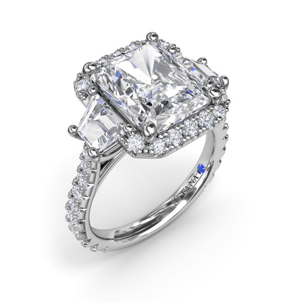Three Stone Halo Diamond Engagement Ring Quenan's Fine Jewelers Georgetown, TX