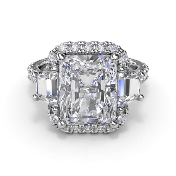 Three Stone Halo Diamond Engagement Ring Image 3 Steve Lennon & Co Jewelers  New Hartford, NY