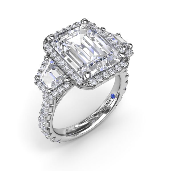 Three Stone Halo Trapezoid Engagement Ring Steve Lennon & Co Jewelers  New Hartford, NY
