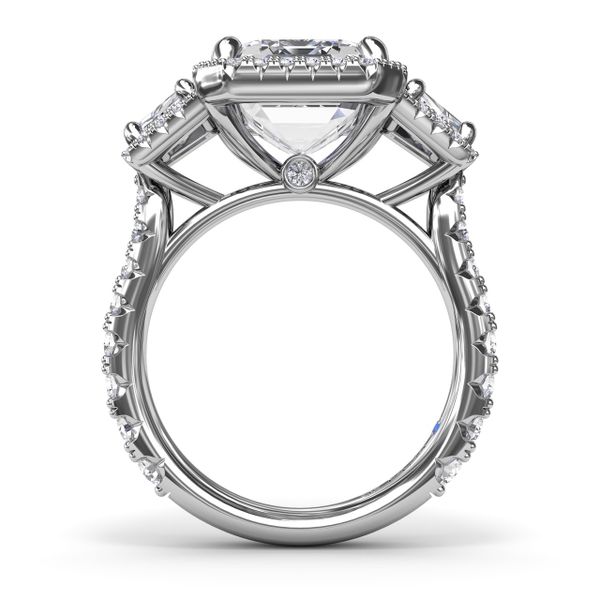 Three Stone Halo Trapezoid Engagement Ring Image 2 Steve Lennon & Co Jewelers  New Hartford, NY