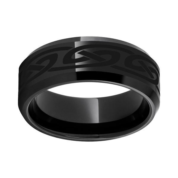 Black Diamond Ceramic™ Beveled Edge Band with Knot Laser Engraving Michele & Company Fine Jewelers Lapeer, MI
