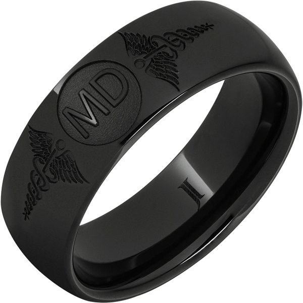 Black Diamond Ceramic™ Domed Band with Laser Engraving of Caduceus & Medical Doctor Initials  Lennon's W.B. Wilcox Jewelers New Hartford, NY