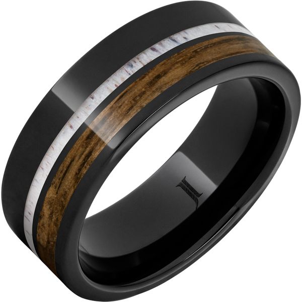 Barrel Aged™ Black Diamond Ceramic™ Ring with Bourbon Wood and Deer Antler Inlays Crews Jewelry Grandview, MO