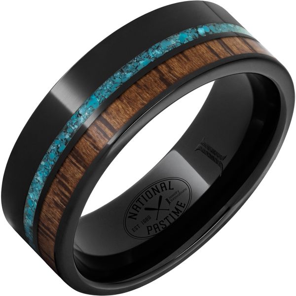 Black Diamond Ceramic™ Ring with Hickory Vintage Baseball Bat Wood and Turquoise Inlays Ellsworth Jewelers Ellsworth, ME