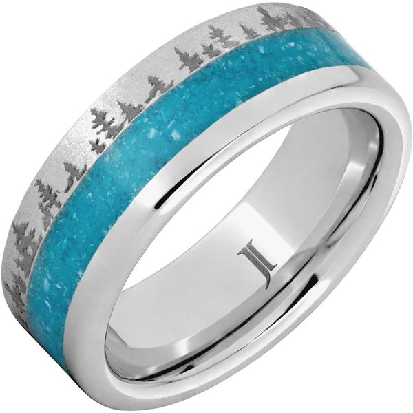 Serinium® Ring with Crushed Turquoise Inlay, Stone Finish and Pine Forest Engraving Adler's Diamonds Saint Louis, MO