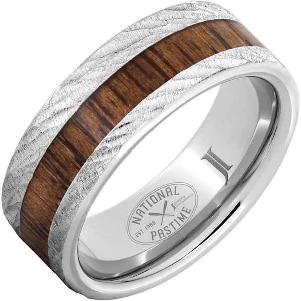 National Pastime Collection™ Serinium® Ring with Hickory Vintage Baseball Bat Wood Inlay and Bark Finish Michele & Company Fine Jewelers Lapeer, MI