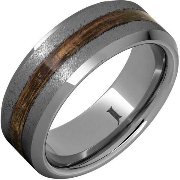 Rugged Tungsten™ 8mm Beveled Edge Band with Bourbon Barrel Aged™ Inlay and Grain Finish Lennon's W.B. Wilcox Jewelers New Hartford, NY