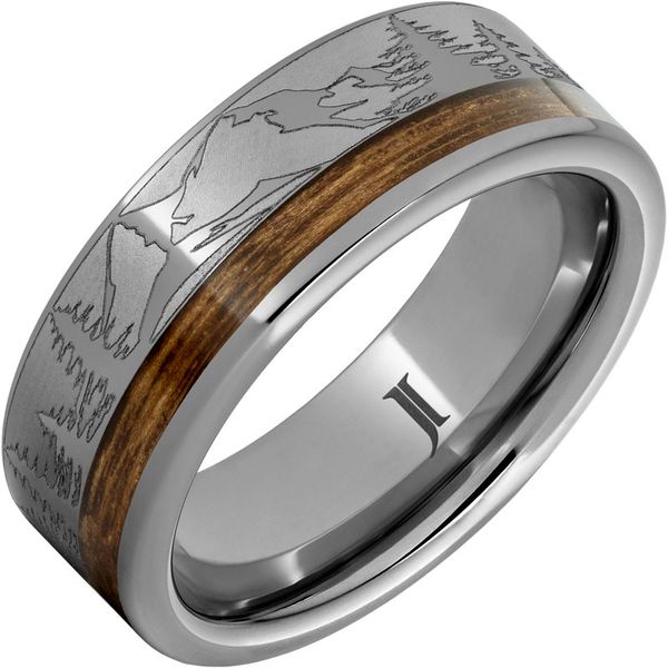 Rugged Tungsten™ Ring with Bourbon Barrel Inlay And Mountain Pine Forest Engraving Priddy Jewelers Elizabethtown, KY