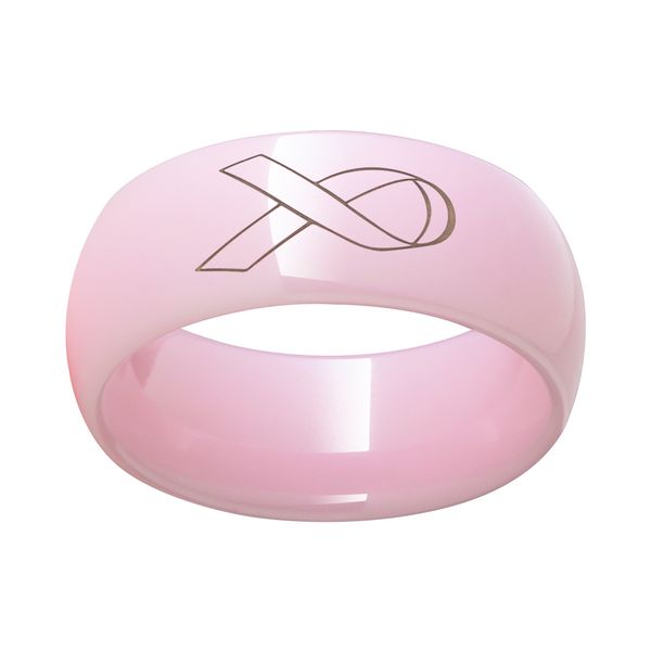 Pink Diamond Ceramic Domed Ring with Breast Cancer Ribbon Laser Engraving Michele & Company Fine Jewelers Lapeer, MI
