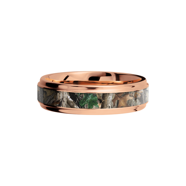14K Rose Gold 6mm flat band with grooved edges and a 3mm inlay of Realtree Timber Camo Image 3 Ken Walker Jewelers Gig Harbor, WA
