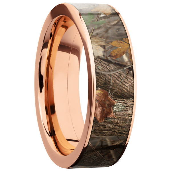14K Rose Gold 7mm flat band with a 6mm inlay of King's Woodland Camo Image 2 Estate Jewelers Toledo, OH