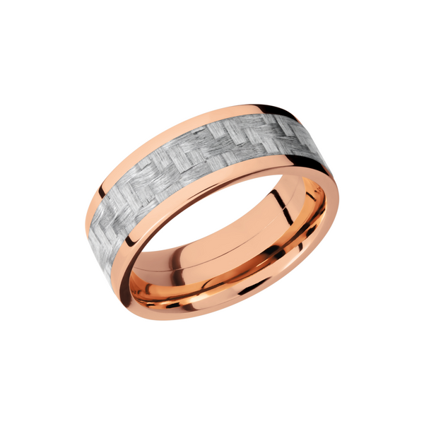 14K Rose Gold 8mm flat band with a 5mm inlay of silver Carbon Fiber Mark Jewellers La Crosse, WI