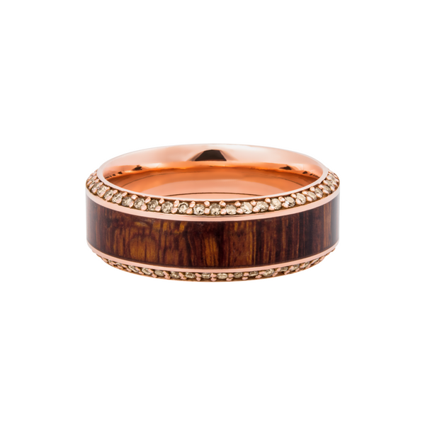 14k Rose Gold 8.5mm beveled band with an inlay of exotic Natcoco hardwood and eternity chocolate diamond accents Image 3 MurDuff's, Inc. Florence, MA