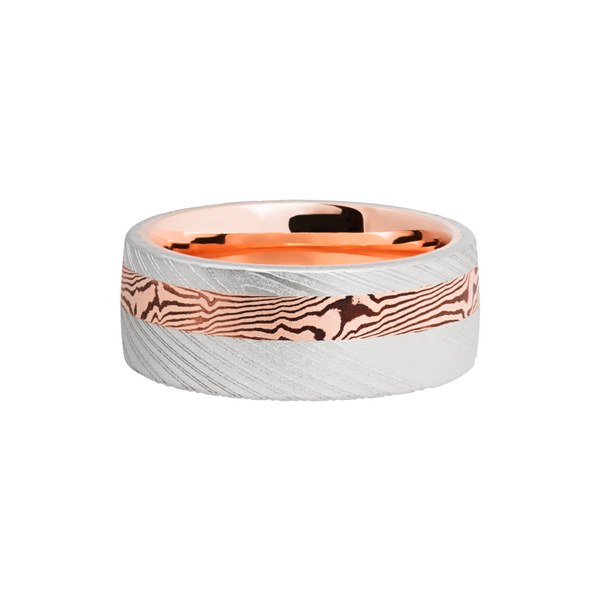 Handmade 9mm Woodgrain Damascus steel band featuring an inlay of Mokume Gane and a 14K rose gold sleeve Image 3 Estate Jewelers Toledo, OH