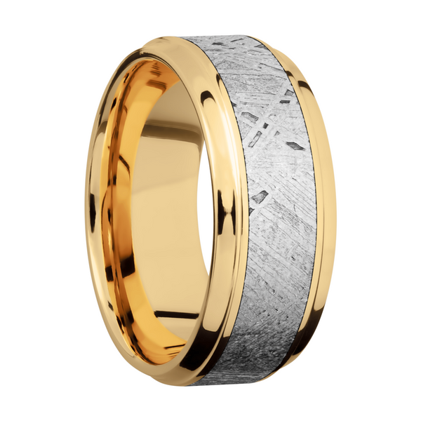 14K Yellow gold 9mm beveled band with an inlay of authentic Gibeon Meteorite Image 2 Ken Walker Jewelers Gig Harbor, WA