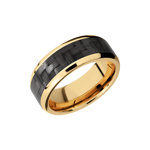 14K Yellow Gold 8mm beveled band with a 5mm inlay of black Carbon Fiber Cozzi Jewelers Newtown Square, PA